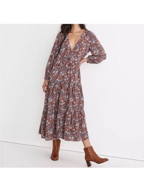 Madewell Brown Floral Tiered Maxi Dress with V-Neckline